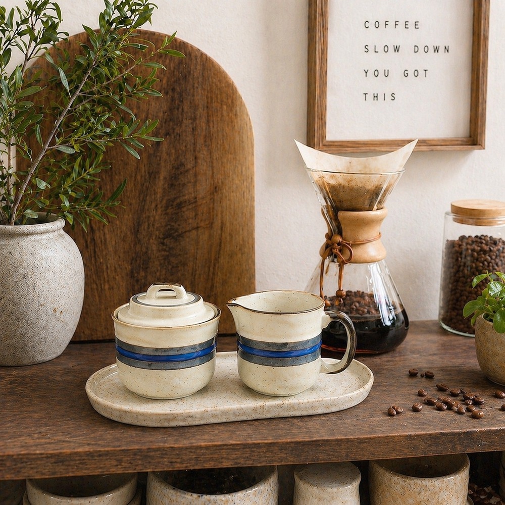1970's Otagiri Horizon Indigo Stripe Creamer Sugar Set Stoneware Coffee Bar